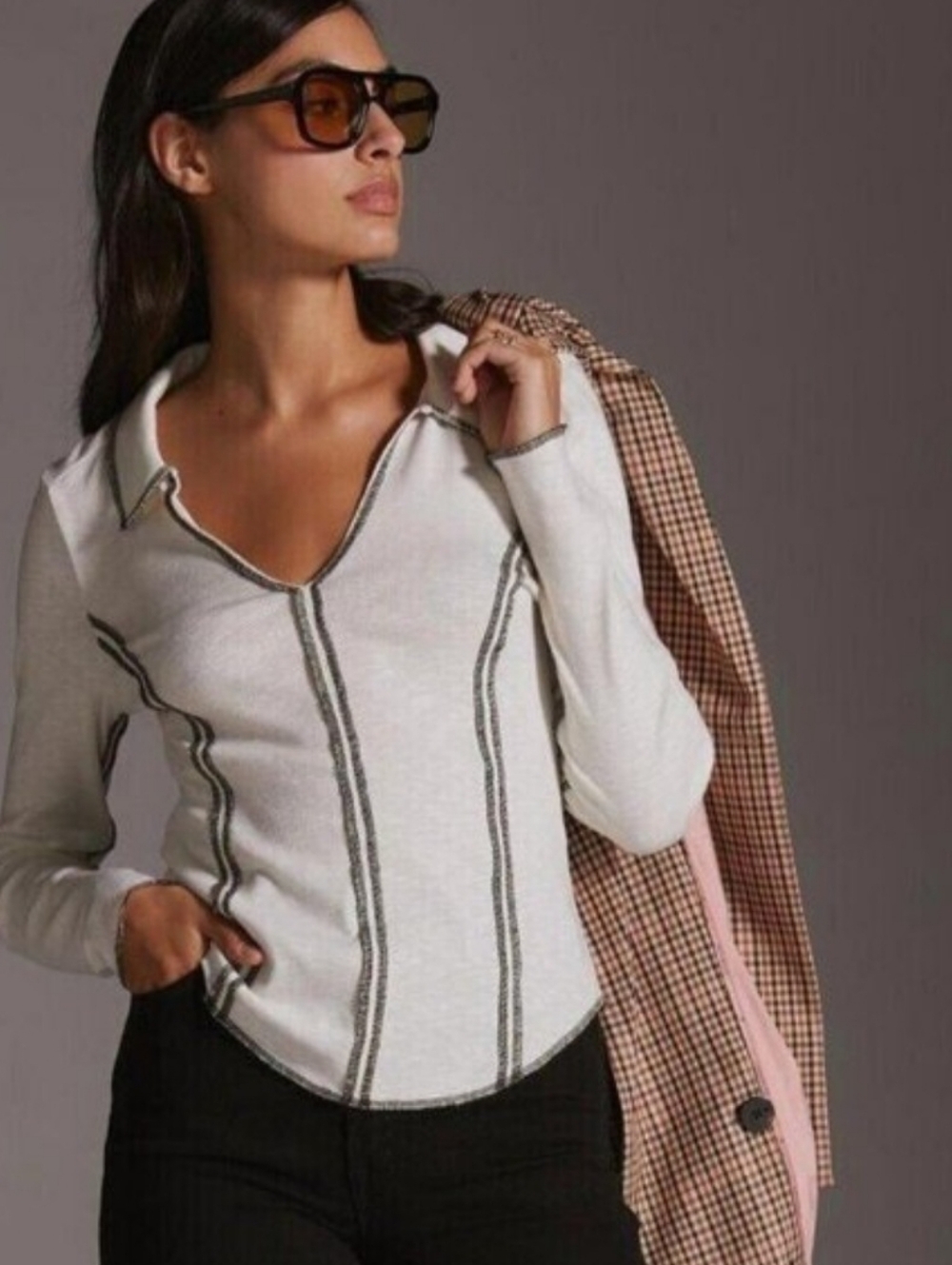 Pilcro White Contrast-Trim Long Sleeve Shirt from Anthropologie M New Wot